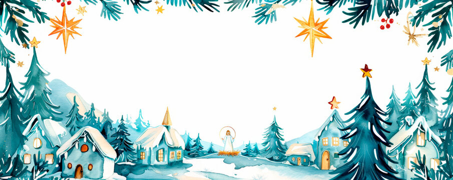 Charming painting depicting snow-covered Christmas with cozy houses nestled among pine trees, smoke swirling from chimneys. Snowflakes gently falling, creating a serene, magical. Banner. Copy space
