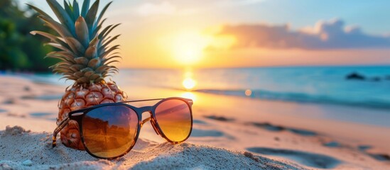 Pineapple with sunglasses on a sandy beach during sunset, vibrant hues with copyspace for text in the sky and sand.