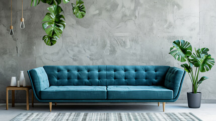 
Blue velvet sofa in a modern minimalist interior with a concrete wall, Monstera plants, and stylish lighting. Generative AI.
