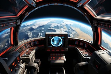 Design a futuristic space station with advanced technology, featuring a breathtaking panoramic view of planet earth from its window.