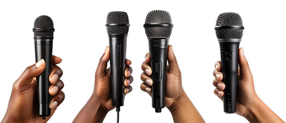 set of asian african american hands holding mic