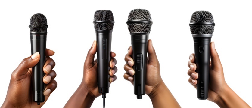 set of asian african american hands holding mic