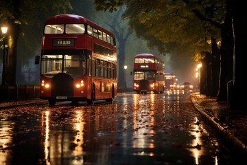 red double decker bus navigating through the streets of england, with a classic red phone booth in...