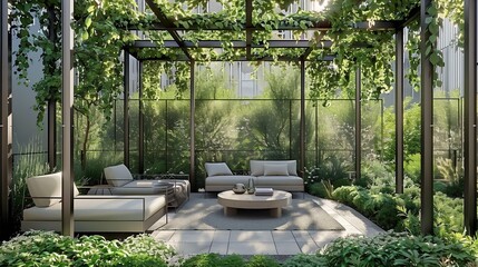 Sleek, metal trellises adorned with cascading vines, forming a verdant canopy over a contemporary seating area.