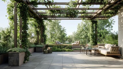 Sleek, metal trellises adorned with cascading vines, forming a verdant canopy over a contemporary seating area.