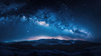 Amazing Panorama blue night sky milky way and star on dark background.Universe filled with stars, nebula and galaxy with noise and grain.Photo by long exposure and select white balance.selection focus