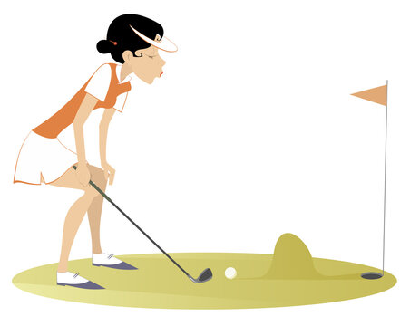 Golfer woman and problem to make a shot on the golf course. 
Knoll on the golf course disturbs golfer woman to do a good shot
