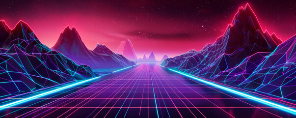 A breathtaking vista of towering neon-lit mountains under a starlit sky, blending nature with technological brilliance. Gamer Background. Virtual reality. Banner. Copy space