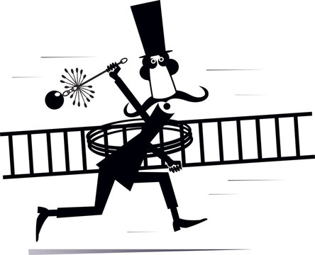 Cartoon running chimney sweeper. 
Funny running chimney sweeper in the top hat with a rope, chimney brush and ladder. Black and white illustration
