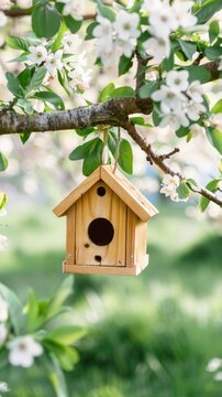 wooden birdhouse hanging on the tree, white flowers, spring background