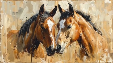 Modern art pastel portrait of a couple of horses on cardboard.