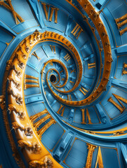 A spiral with gold and blue roman numerals. The spiral is made up of many clock faces, each with a different time.