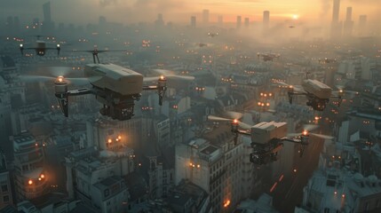 Fototapeta premium Revolutionizing Logistics: The Integration of Flying Drones for Efficient and Modern Airborne Parcel Delivery Technologies in the Contemporary World.