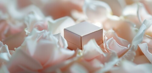 A miniature gift box, nestled among delicate petals, brings a touch of charm. - obrazy, fototapety, plakaty
