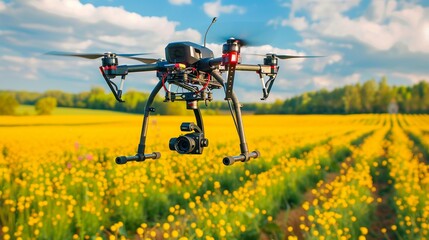 High-Tech Hexacopter Drone Capturing Rapeseed Field: Futuristic Farming Support