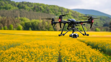 High-Tech Hexacopter Drone Capturing Rapeseed Field: Futuristic Farming Support