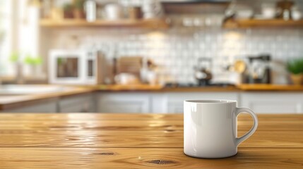 Obraz premium Coffee in White Ceramic Mug on Wooden Countertop: Cozy Kitchen Interior