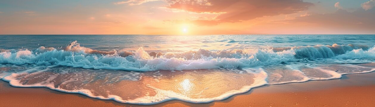 Soft waves on a sandy beach under a pastel sunset abstract art