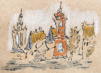 City sketch created with black ink and markers. Color illustration on parchment paper - 761283516