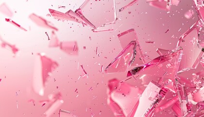 Pink broken glass pieces falling on the pink background
