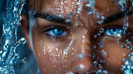 Fototapeta na wymiar Refreshing Water Splash Close-Up: Woman's Face in Extreme Close-Up