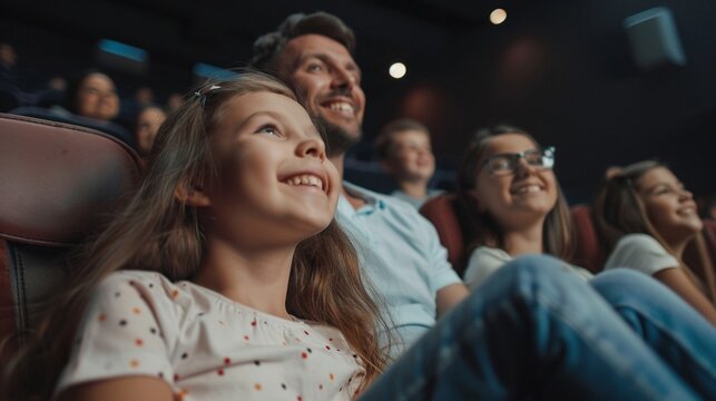 Young Smiling Family Enjoying Movie Theater Together: Fun, Laughter, and Happiness