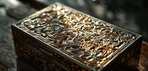 Close-up of a small, elegant gift box, its intricate details captured with precision.