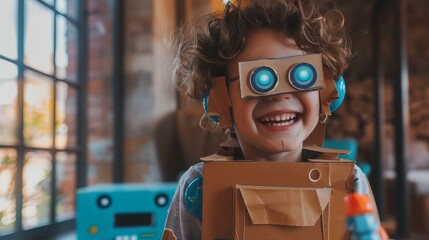 Cheerful Kid in Handmade Robot Costume: Weekend Fun at Home - obrazy, fototapety, plakaty