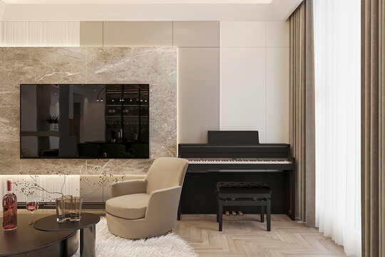 Piano in a bright room with a marble accent wall near the window