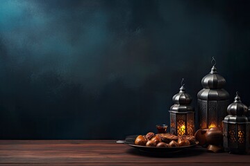 Ramadan iftar table with copy space with generative ai