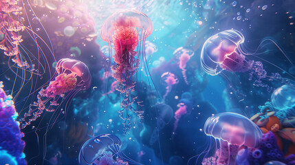 Construct a dreamlike aquatic environment with floating jellyfish and colorful marine flora - obrazy, fototapety, plakaty