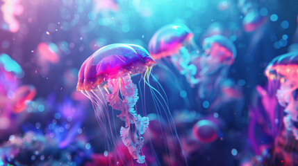 Create a captivating underwater scene with a unique twist combining floating jellyfish and vibrant neon colors