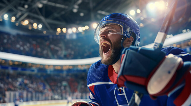 A hockey player celebrates victory, unleashing shouts of joy against the backdrop of a hockey stadium. Emotional celebration of winning the game. Blue hockey jersey