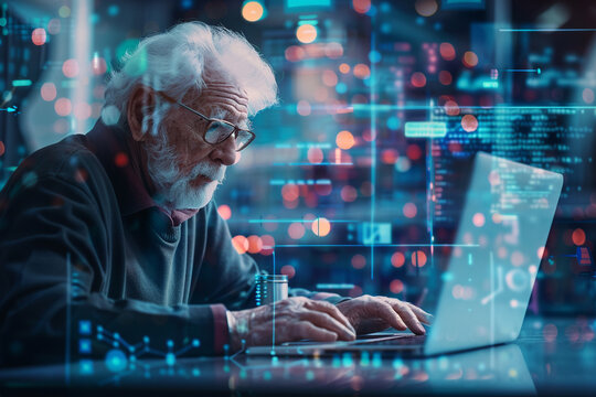 Craft an elderly individual using advanced technology on a laptop with a futuristic backdrop background