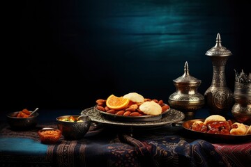 Ramadan iftar table with copy space with generative ai