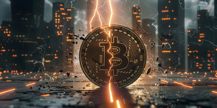 Dramatic Bitcoin coin split by lightning, symbolizing the BTC halving event