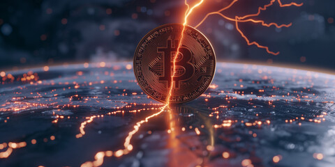 Electrifying moment of a Bitcoin coin amidst a storm, representing the BTC halving event in the digital currency world - obrazy, fototapety, plakaty