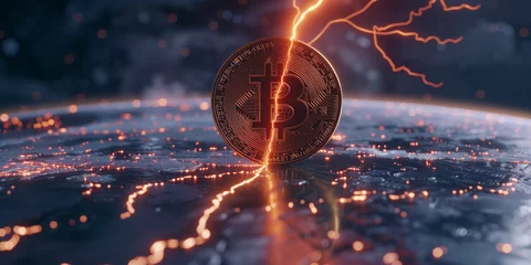 Fotobehang Electrifying moment of a Bitcoin coin amidst a storm, representing the BTC halving event in the digital currency world © J. Grayscale