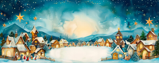 A picturesque painting of a quaint Christmas village blanketed in snow, with twinkling stars filling the night sky. Cozy cottages, a glowing tree, villagers enjoying the festive. Banner. Copy space - obrazy, fototapety, plakaty