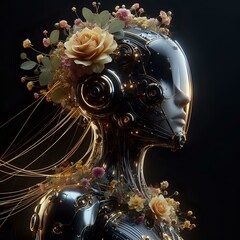 Futuristic Elegance: Cyborg AI Girl in a Fashionable Flower Garden - obrazy, fototapety, plakaty