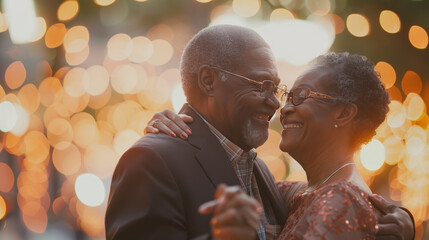 Happy romantic afican american senior couple is hugging and dancing together. Bokeh light around.