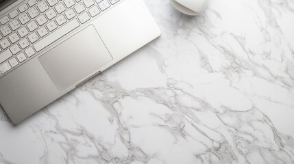 Notebook with keyboard on white marble table. Top view of modern stylish workplace with laptop computer. Copy space. Flat lay. - obrazy, fototapety, plakaty