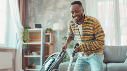 Fototapeta na wymiar Cheerful african american man vacuuming an apartment. Minimalist interior cozy living room on background.
