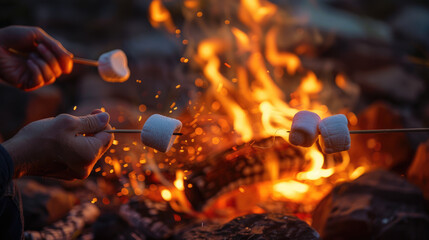 Hands of friends roasting marshmallows on the fire at campsite. Camping and food concept.