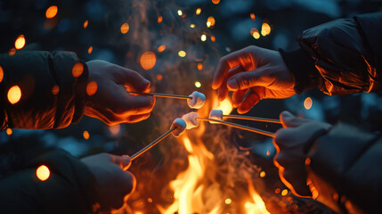 Hands of friends roasting marshmallows on the fire at campsite. Camping and food concept. - Powered by Adobe