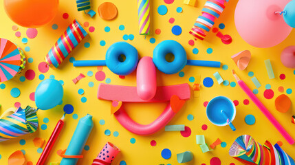 Funny face made of party items. April fool's day. Flatlay on bright background.