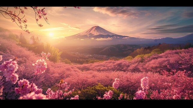 Sunlit scene overlooking the sakura plantation with many blooms, Fuji volcano in the background, bright rich color, professional nature photo