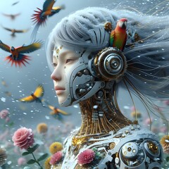 Futuristic Elegance: Cyborg AI Girl in a Fashionable Flower Garden