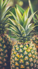 Several ananas, a type of fruit from the pineapple plant, are placed side by side on a table. Stories templates or smartphone format background - 761286973