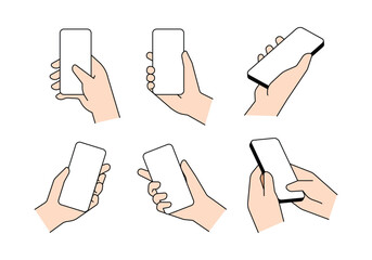 Obraz na płótnie Canvas Hands holding mobile phones set. Fingers touching, tapping, scrolling smartphone screens, using applications. People handling with cellphones. Flat vector illustration isolated on white background